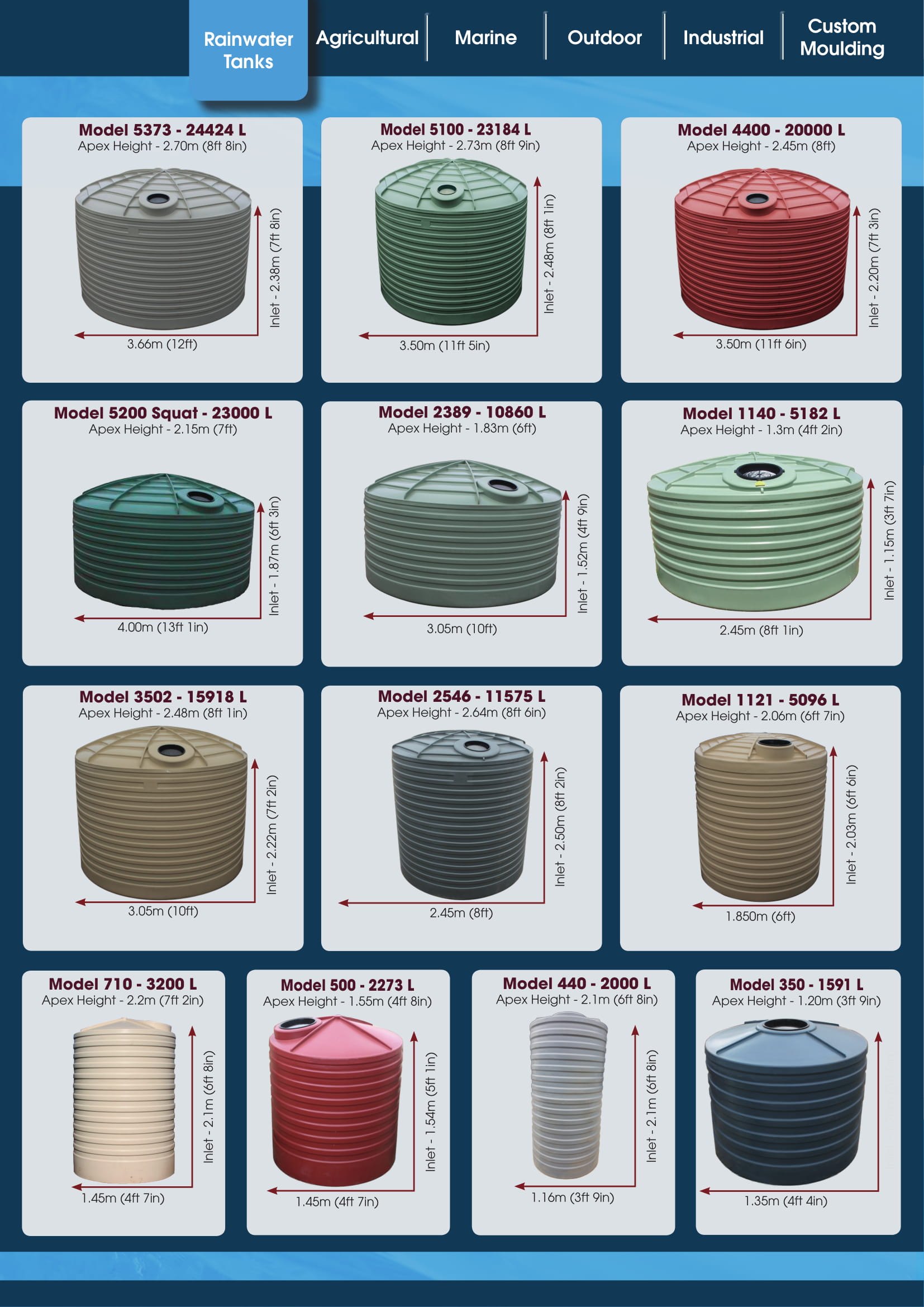 Tank Brochure, Rainwater Tanks, Model 5373, 24424 Litre, Model 5100, 23184 Litre, Model 4400, 20000 Litre, Model 5200 Squat, 23000 Litre, Model 2389, 10860 Litre, Model 1140, 5182 Litre, Model 3502, 15918 Litre, Model 2546, 11575 Litre, Model 1121, 5096 Litre, Model 710, 3200 Litre, Model 500, 2273 Litre, Model 440, 2000 Litre, Model 350, 1591 Litre